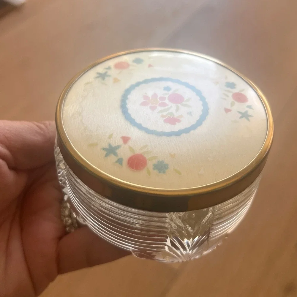 Vintage Pressed Glass Trinket Box Floral Metal Lid Footed Jewelry Vanity Jar